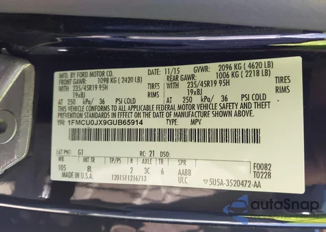 2016 Ford Escape Titanium z USA, uszkodzony, nr VIN 1FMCU0JX9GUB65914